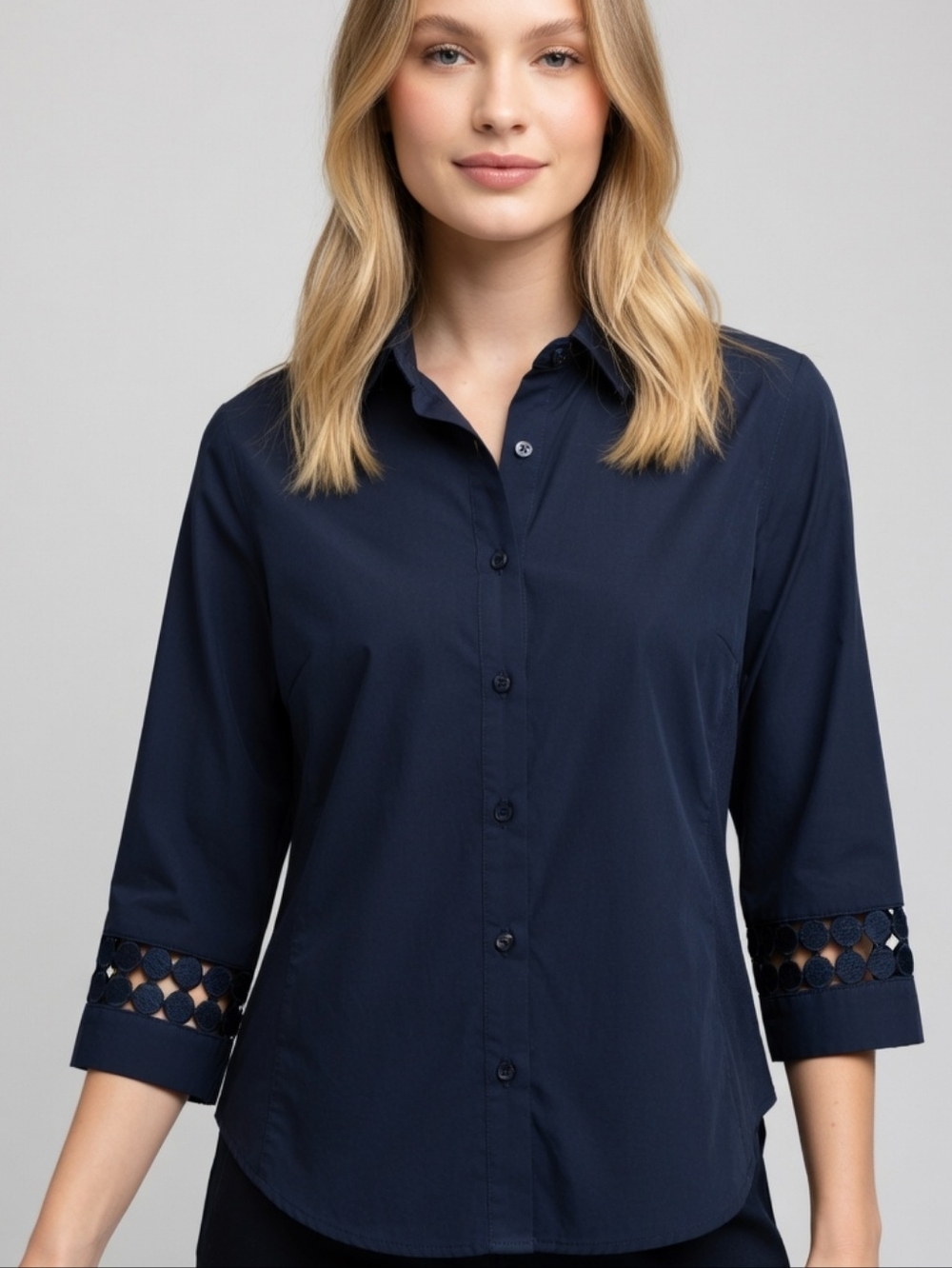 Zac & Rachel Navy Blue Lace Cuff 3/4 Sleeve Button Up Shirt Sze S Office Chic
